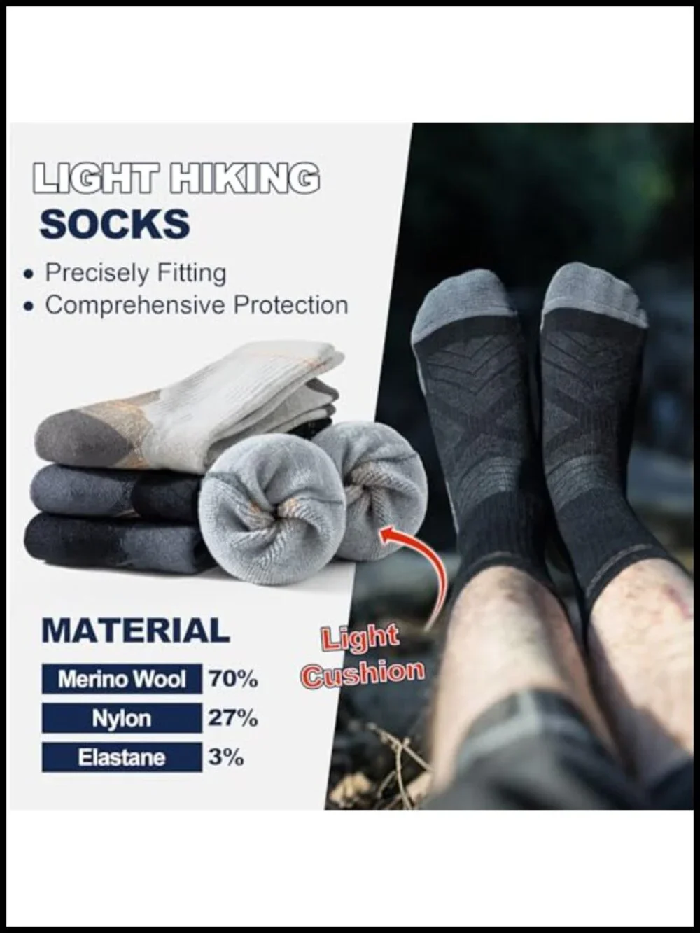 Men's 70% Merino Wool Light Cushion Crew Hiking Dress Socks Moisture Wicking